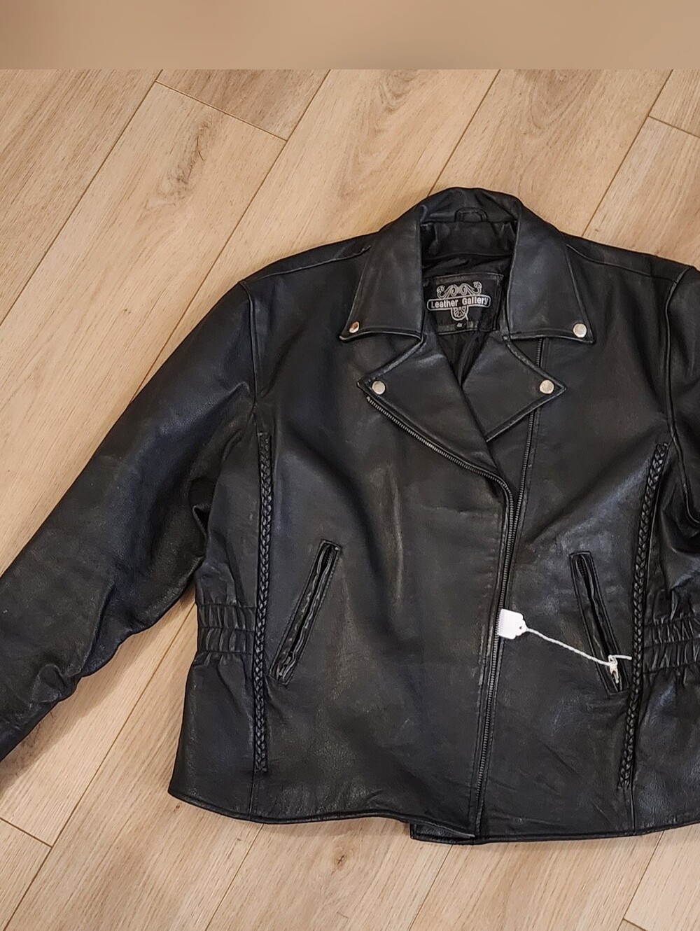 Black Leather Biker Jacket with Braided Trim